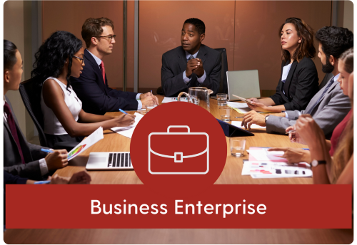 Business enterprise hub icon and image of diverse business leaders around a table