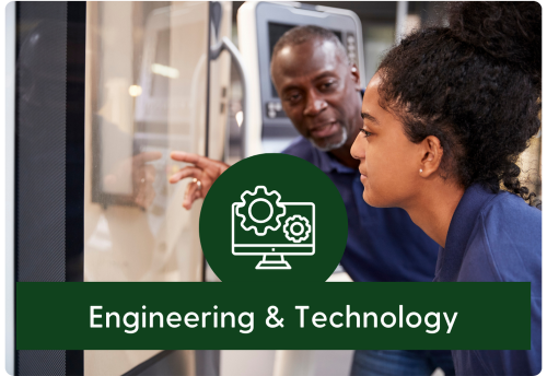 Engineering and technology banner image with professor guiding student on tech equipment