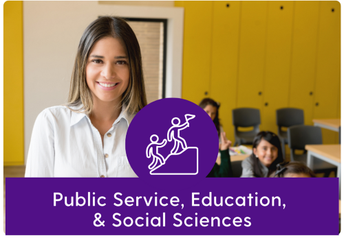 Public Service Hub icon and image of teacher in a classroom