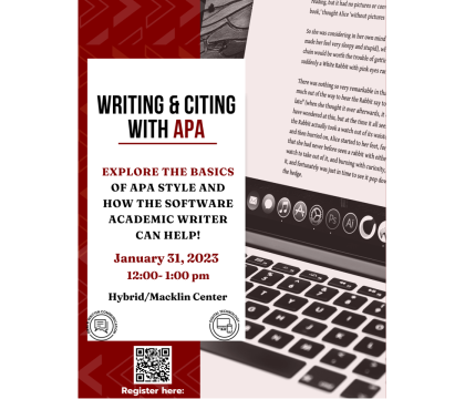 Writing & Citing with APA workshop, hybrid, 1/31, 12:00 - 1:00 pm