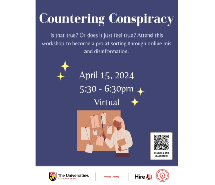 Countering Conspiracy Workshop flyer, 4/15, 5:30 - 6:30 pm, virtual