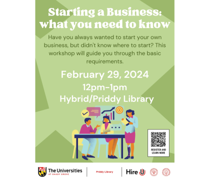 Starting a business workshop flyer, 2/29, 12:00 - 1:00 pm hybrid/Library
