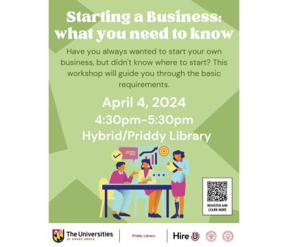 Starting a business workshop flyer, 4/4, 4:30 - 5:30 pm hybrid/Library