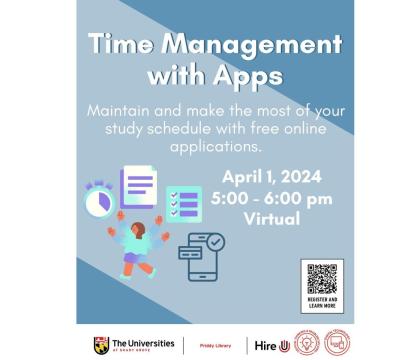 Time Management with apps workshop flyer, 4/1, 5:00 - 6:00 pm, virtual via Zoom