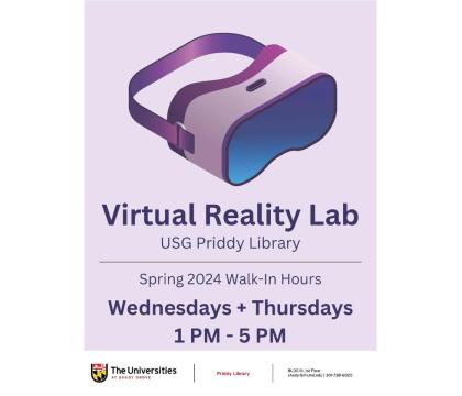 VR Lab walk in hours spring 2024, Wednesday & Thursday 1:00 - 5:00 pm