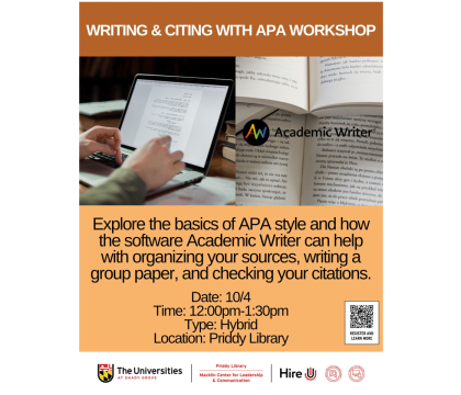 Writing & Citing with APA workshop, virtual, 10/4, 12:00 - 1:30 pm