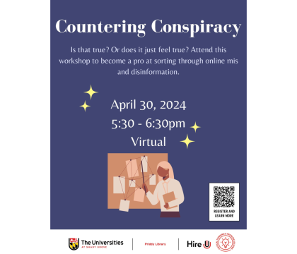 Countering Conspiracy Workshop flyer, 4/30, 5:30 - 6:30 pm, virtual
