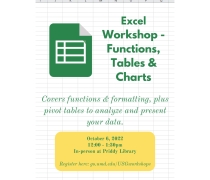 Excel Workshop flyer, 10/6, 12:00 - 1:30 pm, in-person in the Priddy Library