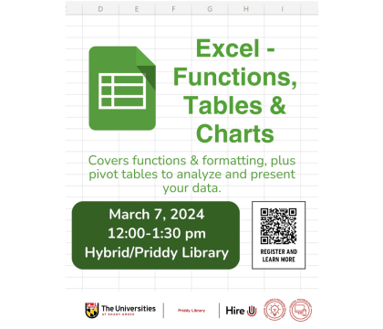 Excel Workshop flyer, 3/7, 12:00 - 1:30 pm, hybrid/Library