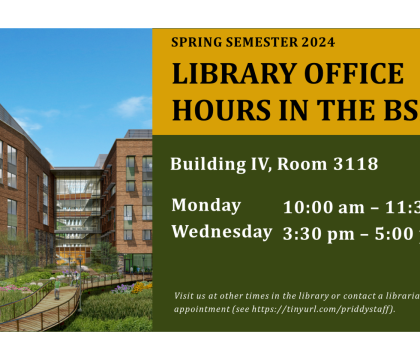 Library office hours flyer--Monday: 10am - 11:30 am and Wednesday: 3:30 - 5:00 pm