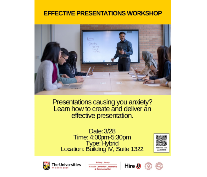 Effective Presentations workshop flyer, March 28, 4:00 - 5:30  pm, Hybrid/Macklin Center