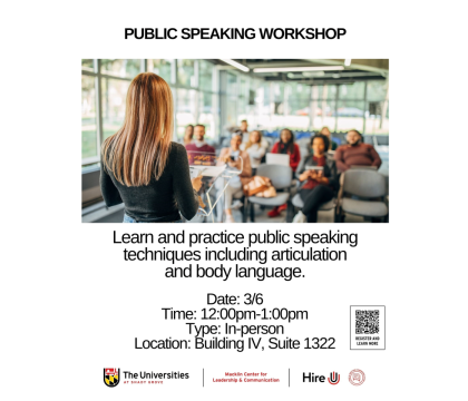 Public speaking workshop flyer, 3/6, 12:00 - 1:00 pm at Macklin Center