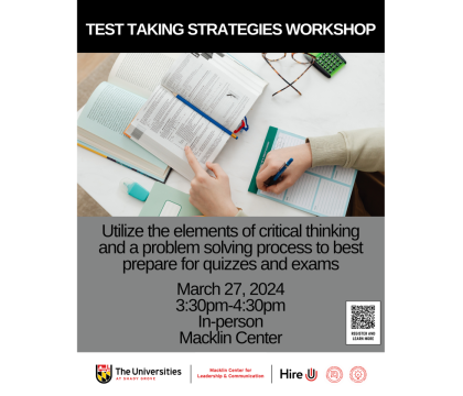 Test Taking Strategies Workshop Flyer, March 27, 3:30 - 4:30 pm, in-person at the Macklin Center