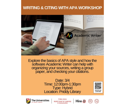 Writing & Citing with APA workshop flyer, hybrid/Library, 3/4, 12:00 - 1:30 pm