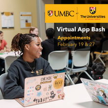 Graphic for app bash with a smiling student on a laptop in the library.