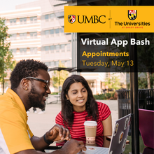 Graphic for app bash with two students working together on a laptop outside at USG.