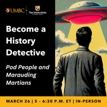 Graphic for Become a History Detective with an illustration of a man looking up at a UFO