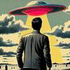 Illustration of a man looking up at a ufo in the sky