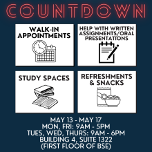 The Finals Countdown: Walk-in appointments, study spaces and help with written/oral presentations.