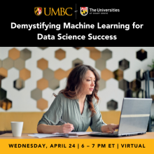 Graphic for data science event with woman on a laptop