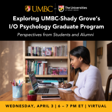 Graphic for UMBC-Shady Grove IO Psychology Event with image of student on a laptop