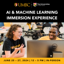 AI & Machine Learning Immersion Experience Graphic with Photo of Two Students Conversing at a Computer