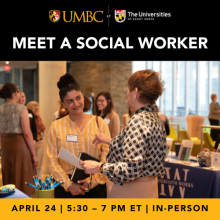 Graphic for Meet a Social Worker event with photo of two people conversing at an event