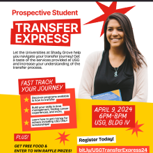 Flyer with event information and a picture of a smiling college student