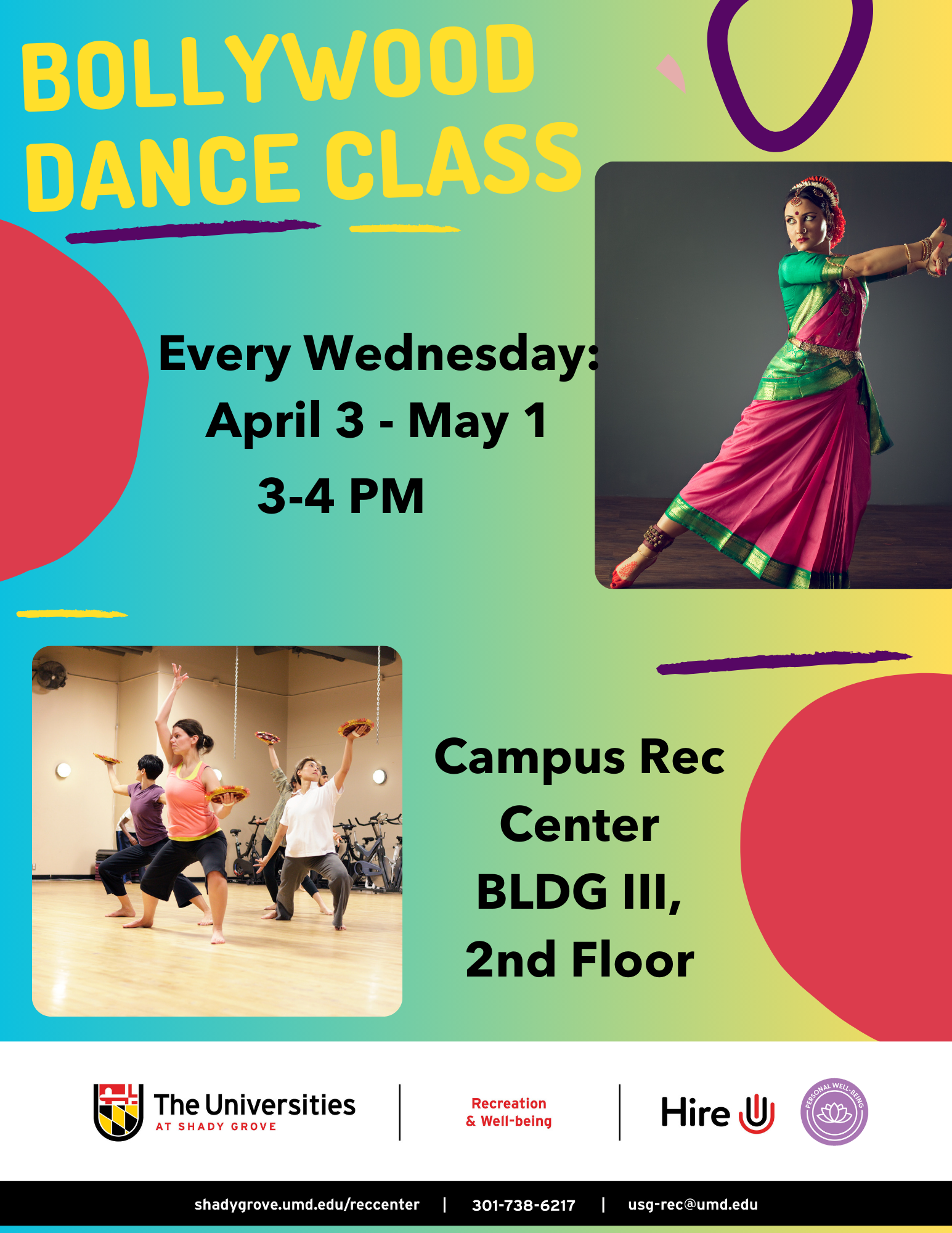 Bollywood dance class: Every Wednesday: 4/10 - 5/1, from 3-4PM Join USG’s Recreation and Well-being with a student instructor-led Bollywood class! Learn a new dancing form while working on your fitness! Location: Campus Rec Center BLDG III, 2nd Floor