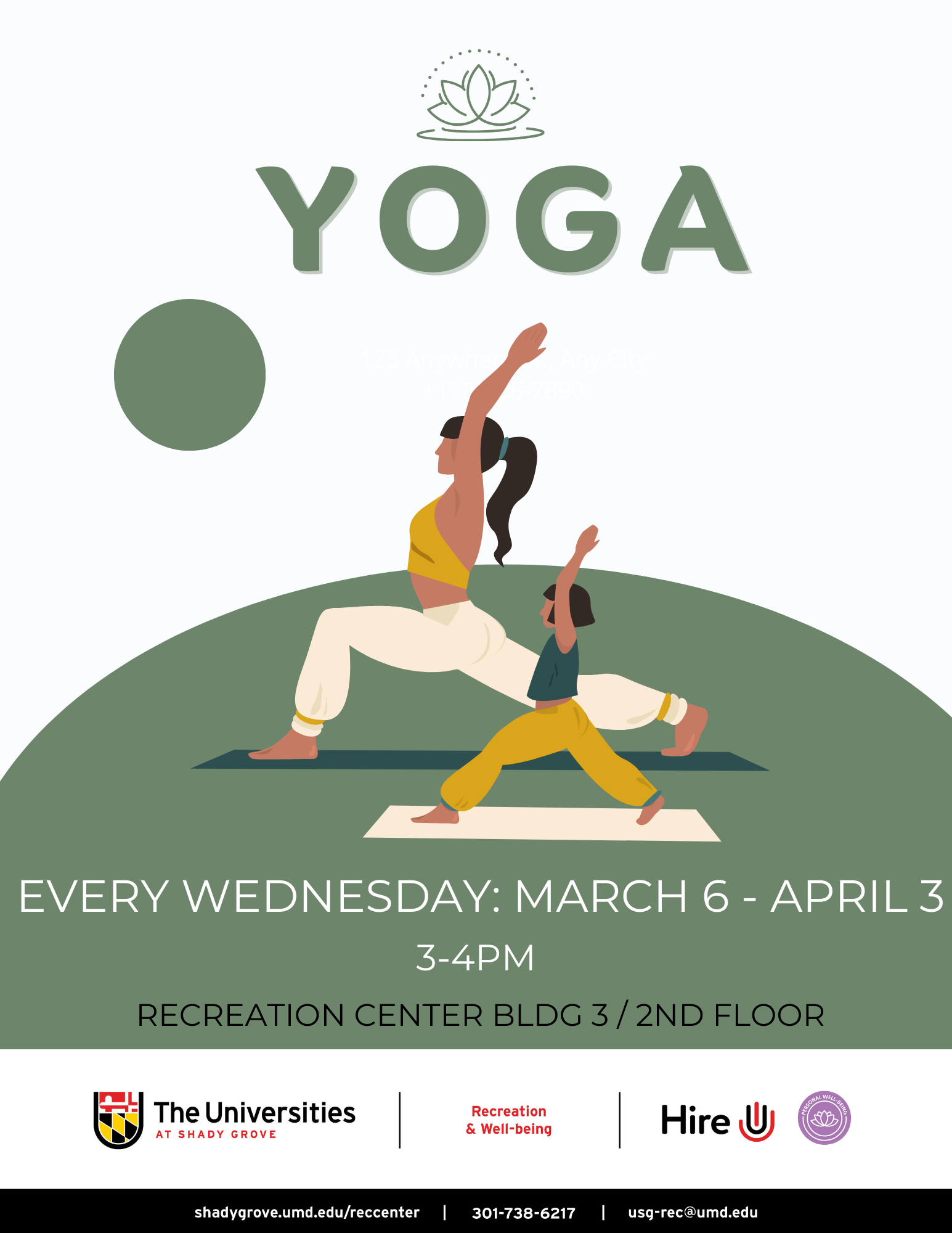 Yoga Class:  Every Wednesday: 3/6 - 4/3, from 3-4PM. Join USG’s Recreation and Well-being with a student instructor-led Yoga class! Connect your body, breath, and mind with posture, breathing exercises, and meditation to improve your health! Location: Campus Rec Center BLDG III, 2nd Floor