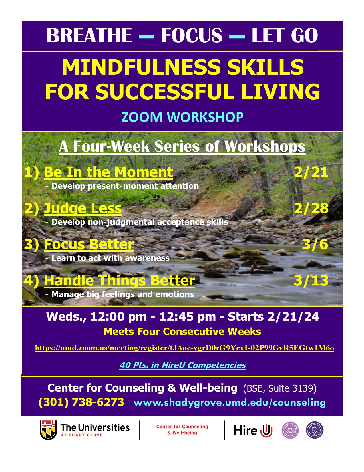 Flyer for Spring 2024 Mindfulness Workshops